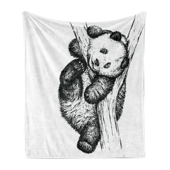 Animal Soft Flannel Fleece Throw Blanket, Little Panda Bear on Tree Branch Fury Tropical Jungle Zoo Sketchy Print, Cozy Plush for Indoor and Outdoor Use, 60" x 80", Black and White, by Ambesonne