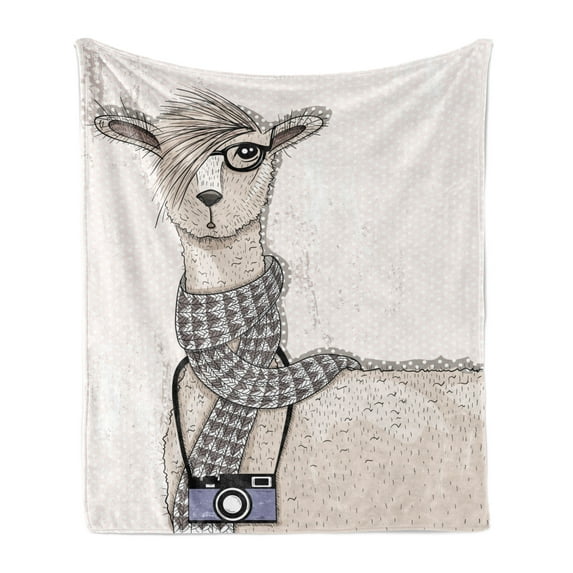 Animal Soft Flannel Fleece Throw Blanket, Llama with Camera Scarf and Glasses Hipster Animal on a Dotted Beige Background, Cozy Plush for Indoor and Outdoor Use, 50" x 60", Multicolor, by Ambesonne