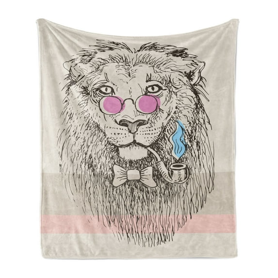 Animal Soft Flannel Fleece Throw Blanket, Magestic Lion Head Hipster Style Glasses Sketch Print Image, Cozy Plush for Indoor and Outdoor Use, 70" x 90", Baby Blue Pale Pink, by Ambesonne