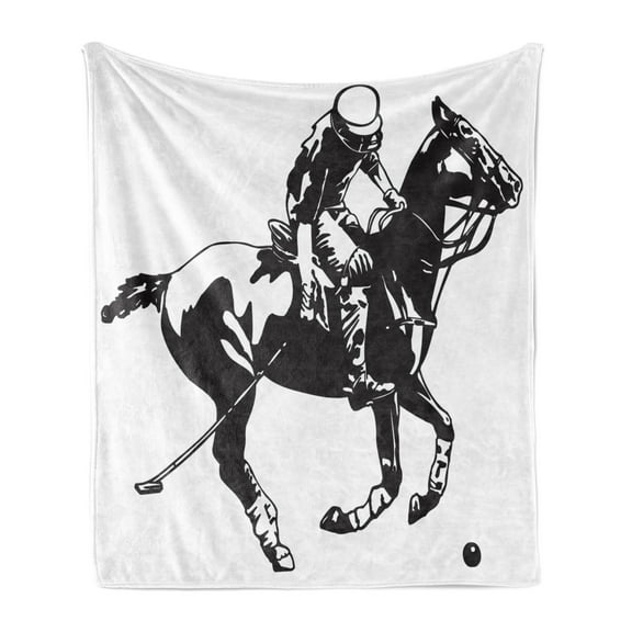 Animal Soft Flannel Fleece Throw Blanket, Monochrome Style Silhouette of a Polo Player on a Horse Competing, Cozy Plush for Indoor and Outdoor Use, 60" x 80", Charcoal Grey and White, by Ambesonne