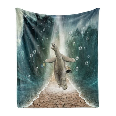 Animal Soft Flannel Fleece Throw Blanket, Naked Turtle Left its Big Shell Dividing the Ocean Walking Through Freely Print, Cozy Plush for Indoor and Outdoor Use, 60" x 80", Multicolor, by Ambesonne