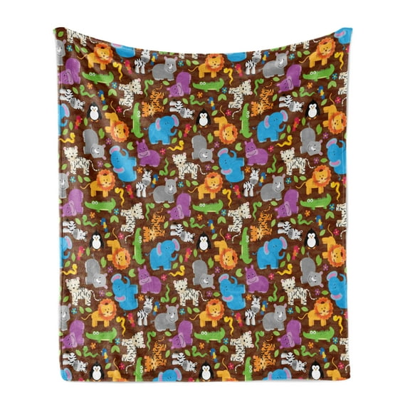 Animal Soft Flannel Fleece Throw Blanket, Nursery Cartoon Style Lion Tiger Zebra Crocodile Snake Penguin Hippo, Cozy Plush for Indoor and Outdoor Use, 50" x 60", Multicolor, by Ambesonne