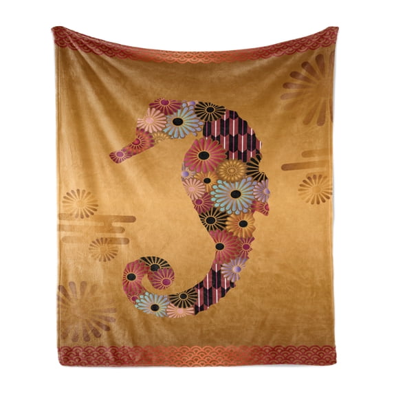 Animal Soft Flannel Fleece Throw Blanket, Ornamental Seahorse Creature with Floral and Stripe Lines Image, Cozy Plush for Indoor and Outdoor Use, 60" x 80", Multicolor, by Ambesonne
