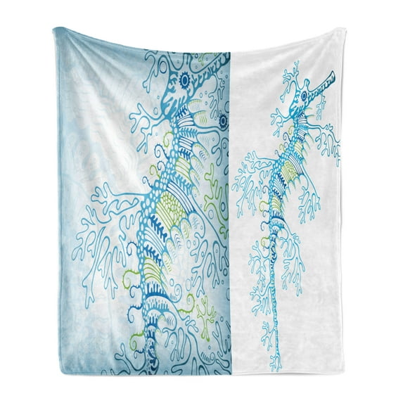 Animal Soft Flannel Fleece Throw Blanket, Ornamental Seahorse Fish Figure in Soft Colors Submarine Hazy Underwater Design, Cozy Plush for Indoor and Outdoor Use, 50" x 60", Blue Green, by Ambesonne