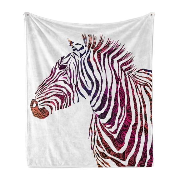 Animal Soft Flannel Fleece Throw Blanket, Ornamental Zebra Profile Silhouette Striped Safari Theme Artwork, Cozy Plush for Indoor and Outdoor Use, 50" x 70", Purple Pink Coral, by Ambesonne