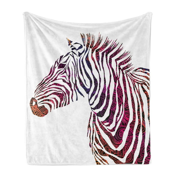 Animal Soft Flannel Fleece Throw Blanket, Ornamental Zebra Profile Silhouette Striped Safari Theme Artwork, Cozy Plush for Indoor and Outdoor Use, 60" x 80", Purple Pink Coral, by Ambesonne