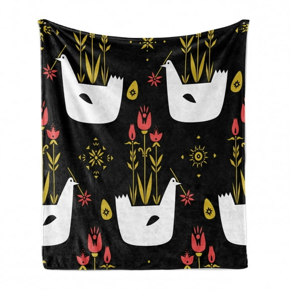 Animal Soft Flannel Fleece Throw Blanket, Pattern of Chickens Hens Eggs and Flowers in a Folk Style Rural Lifestyle Theme, Cozy Plush for Indoor and Outdoor Use, 60" x 80", Multicolor, by Ambesonne