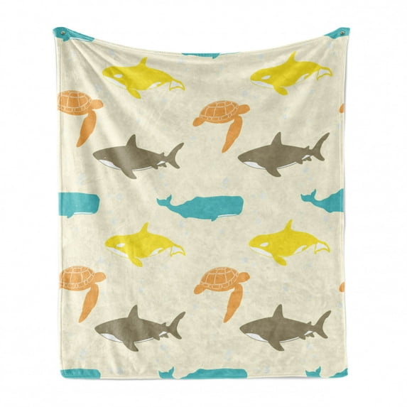 Animal Soft Flannel Fleece Throw Blanket, Pattern with Whale Shark and Turtle Aquarium Doodle Style Marine Life, Cozy Plush for Indoor and Outdoor Use, 50" x 70", Ivory Taupe Peach, by Ambesonne