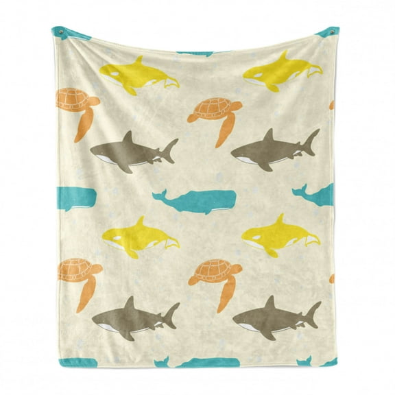 Animal Soft Flannel Fleece Throw Blanket, Pattern with Whale Shark and Turtle Aquarium Doodle Style Marine Life, Cozy Plush for Indoor and Outdoor Use, 60" x 80", Ivory Taupe Peach, by Ambesonne
