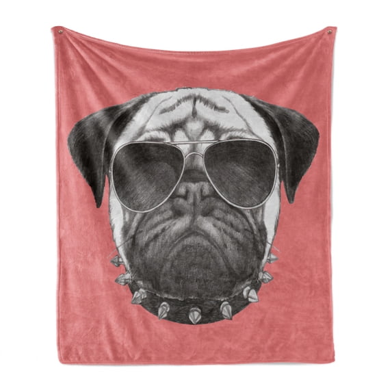Animal Soft Flannel Fleece Throw Blanket, Pink Backdropped Hand Drawn Pug Dog with Sunglasses and Colar Illustration, Cozy Plush for Indoor and Outdoor Use, 50" x 70", Coral and Grey, by Ambesonne