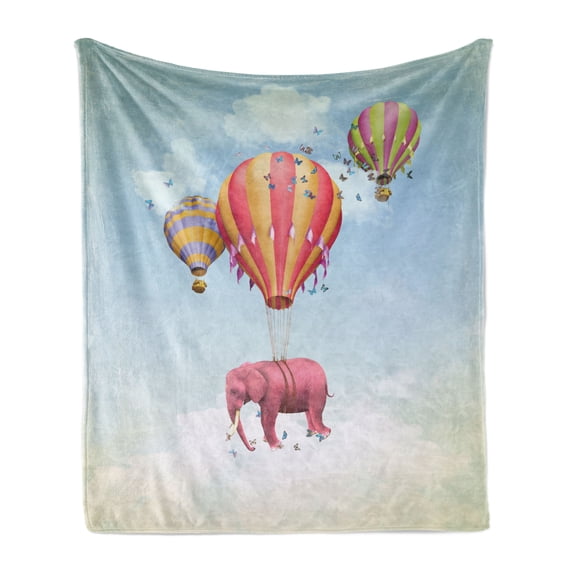 Animal Soft Flannel Fleece Throw Blanket, Pink in the Sky with Balloons Illustration Daydream Fairytale Travel, Cozy Plush for Indoor and Outdoor Use, 50" x 70", Multicolor, by Ambesonne