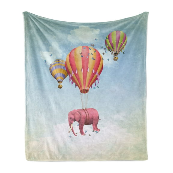Animal Soft Flannel Fleece Throw Blanket, Pink in the Sky with Balloons Illustration Daydream Fairytale Travel, Cozy Plush for Indoor and Outdoor Use, 70" x 90", Multicolor, by Ambesonne