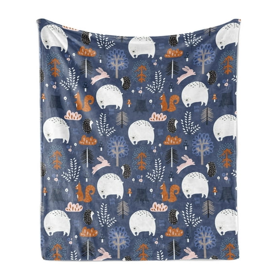 Animal Soft Flannel Fleece Throw Blanket, Polar Bear Squirrel Hedgehog Trees Rabbits Herbs Woodland Creatures, Cozy Plush for Indoor and Outdoor Use, 50" x 70", Dark Lavender Multicolor, by Ambesonne
