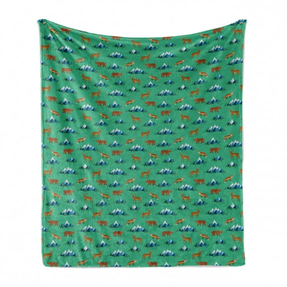 Animal Soft Flannel Fleece Throw Blanket, Polygon Abstract Deer Fox Bear Mountains Illustration, Cozy Plush for Indoor and Outdoor Use, 50" x 70", Sea Green Dark Turquoise, by Ambesonne