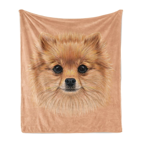 Animal Soft Flannel Fleece Throw Blanket, Pomerian Dog with Vintage Retro and Peach Colored Backdrop Poster Artwork, Cozy Plush for Indoor and Outdoor Use, 70" x 90", Multicolor, by Ambesonne