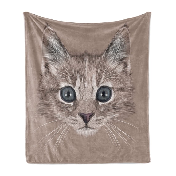 Animal Soft Flannel Fleece Throw Blanket, Portrait of Domestic Cat Face Baby Kitten Pet Whiskers Fluffy Feline, Cozy Plush for Indoor and Outdoor Use, 50" x 60", Umber Brown Bluegrey, by Ambesonne