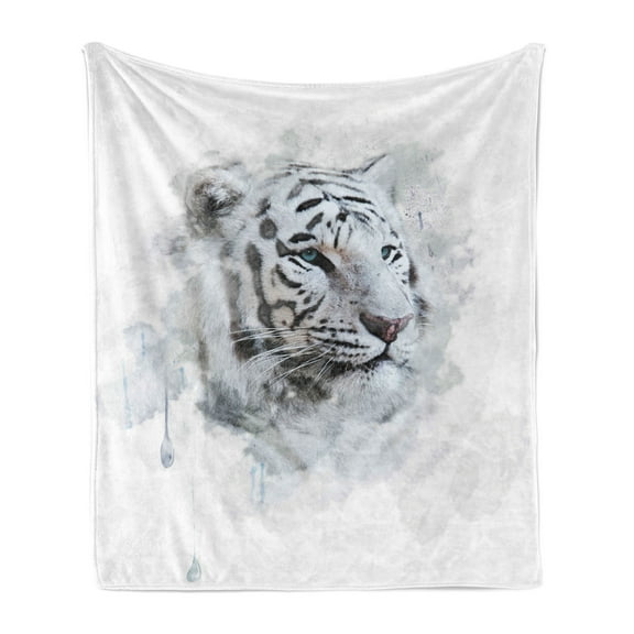 Animal Soft Flannel Fleece Throw Blanket, Portrait of a White Tiger Wild Nature Predator Watercolor Splashes, Cozy Plush for Indoor and Outdoor Use, 70" x 90", Black Grey White, by Ambesonne