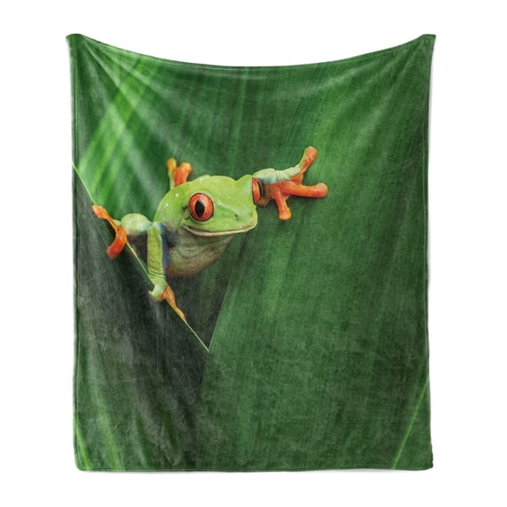 Animal Soft Flannel Fleece Throw Blanket, Red Eyed Frog Between Exotic Macro Big Leaves Wild Nature Night Animal Vivid Colors, Cozy Plush for Indoor and Outdoor Use, 70" x 90", Green, by Ambesonne