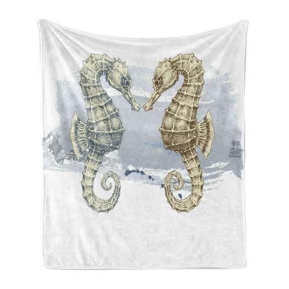 Animal Soft Flannel Fleece Throw Blanket, Seahorse Lovers in Paintbrush Artisan Technique Grunge Splash on Background, Cozy Plush for Indoor and Outdoor Use, 50" x 70", Grey Cream, by Ambesonne