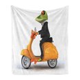 thumbnail image 1 of Animal Soft Flannel Fleece Throw Blanket, Serious Italian Frog Riding Motorcycle Fun Nature Graphic Urban Art, Cozy Plush for Indoor and Outdoor Use, 50" x 60", Green Black Orange, by Ambesonne, 1 of 5