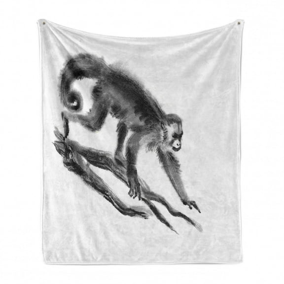 Animal Soft Flannel Fleece Throw Blanket, Sketchy Style Monkey on a Branch Exotic Creature in Jungle Hand Drawn Illustration, Cozy Plush for Indoor and Outdoor Use, 70" x 90", Dimgrey, by Ambesonne