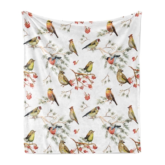 Animal Soft Flannel Fleece Throw Blanket, Sparrows Birds Leaves Branches Pine Trees Watercolor Image Artwork, Cozy Plush for Indoor and Outdoor Use, 70" x 90", Multicolor, by Ambesonne