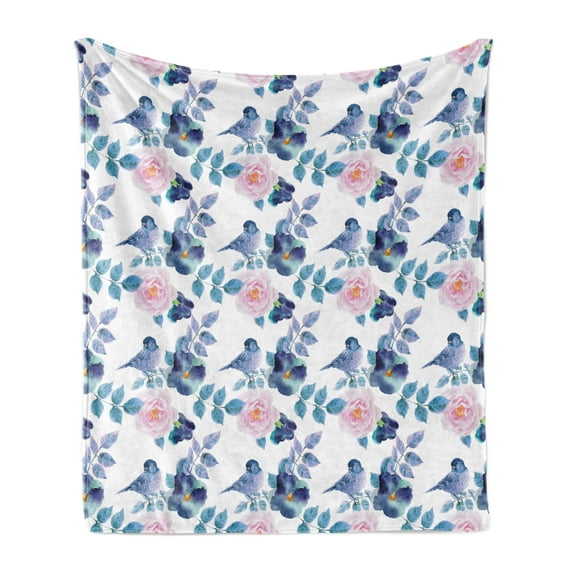 Animal Soft Flannel Fleece Throw Blanket, Spring Birds Sparrows with Branches Watercolor Leaves Artwork, Cozy Plush for Indoor and Outdoor Use, 70" x 90", Royal Blue Sky Blue, by Ambesonne