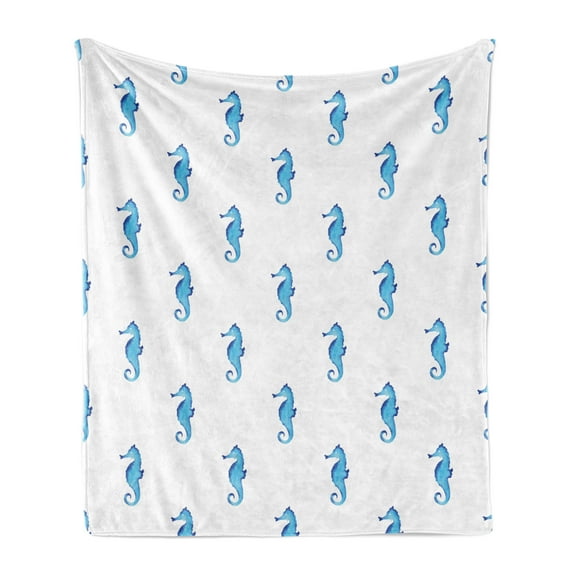 Animal Soft Flannel Fleece Throw Blanket, Unusual Equine Shaped Fish Motif in Simple Featured Backdrop Cottage Cabin, Cozy Plush for Indoor and Outdoor Use, 50" x 60", Turquoise White, by Ambesonne