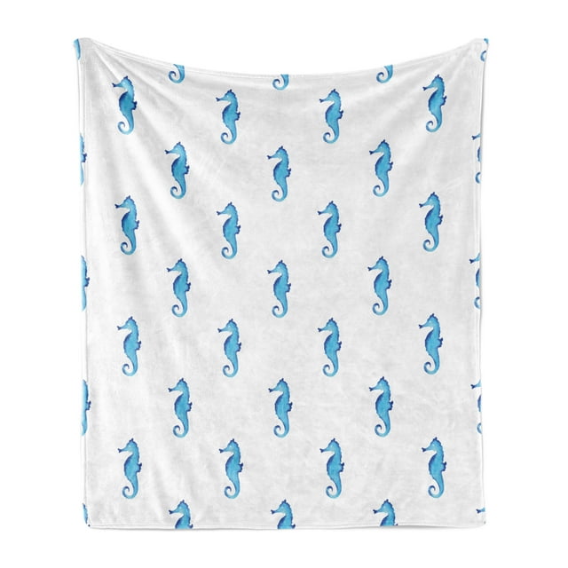 Animal Soft Flannel Fleece Throw Blanket, Unusual Equine Shaped Fish Motif in Simple Featured Backdrop Cottage Cabin, Cozy Plush for Indoor and Outdoor Use, 60" x 80", Turquoise White, by Ambesonne