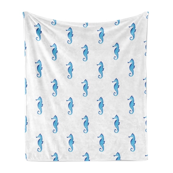 Animal Soft Flannel Fleece Throw Blanket, Unusual Equine Shaped Fish Motif in Simple Featured Backdrop Cottage Cabin, Cozy Plush for Indoor and Outdoor Use, 60" x 80", Turquoise White, by Ambesonne