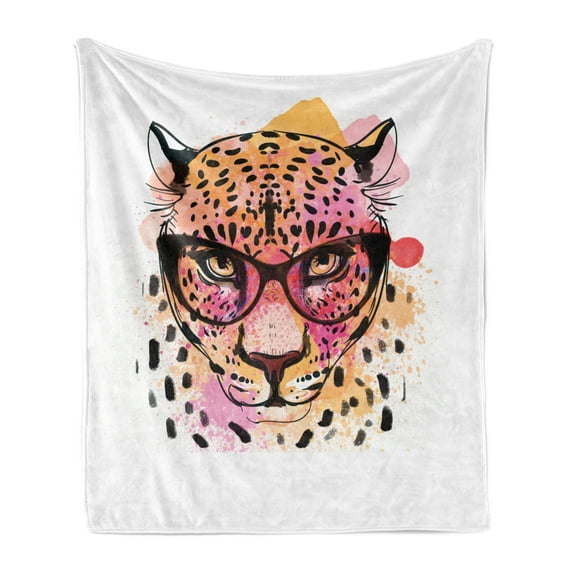 Animal Soft Flannel Fleece Throw Blanket, Watercolor Style Portrait of Leopard Glasses Splashing Paint Artwork, Cozy Plush for Indoor and Outdoor Use, 50" x 70", Orange Brown Pink, by Ambesonne
