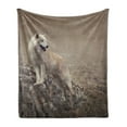 thumbnail image 1 of Animal Soft Flannel Fleece Throw Blanket, White Wolf on Rocks at the Night Hazy Misty Weather Wildlife Nature Scenery Print, Cozy Plush for Indoor and Outdoor Use, 50" x 70", Warm Taupe, by Ambesonne, 1 of 6