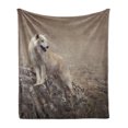 thumbnail image 1 of Animal Soft Flannel Fleece Throw Blanket, White Wolf on Rocks at the Night Hazy Misty Weather Wildlife Nature Scenery Print, Cozy Plush for Indoor and Outdoor Use, 70" x 90", Warm Taupe, by Ambesonne, 1 of 6