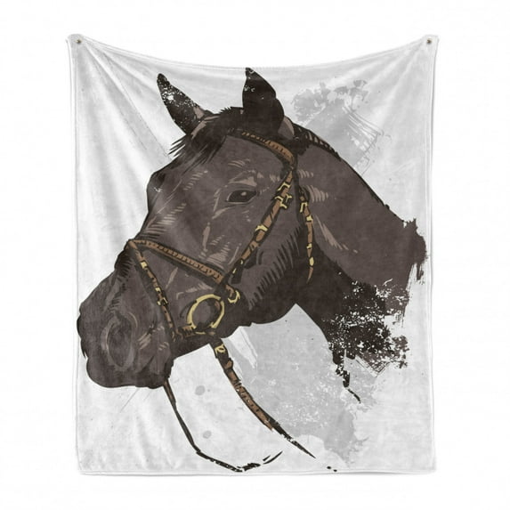 Animal Soft Flannel Fleece Throw Blanket, Wild Horse Portrait with Grunge Paintbrush Effects Graphic Art Design Print, Cozy Plush for Indoor and Outdoor Use, 70" x 90", Brown White, by Ambesonne