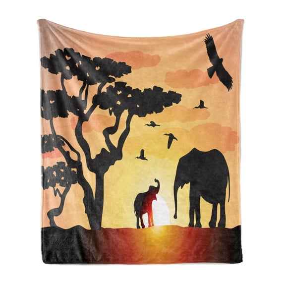 Animal Soft Flannel Fleece Throw Blanket, Wild Nature Beauty at Sunset Animals and Indigenous Tree, Cozy Plush for Indoor and Outdoor Use, 50" x 70", Charcoal Grey Multicolor, by Ambesonne