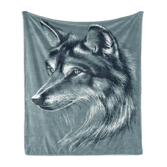 Animal Soft Flannel Fleece Throw Blanket, Wild Timber Wolf Portrait Hunter Exotic Creature Mystery Mammal Hunter Graphic, Cozy Plush for Indoor and Outdoor Use, 50" x 60", Slate Blue, by Ambesonne