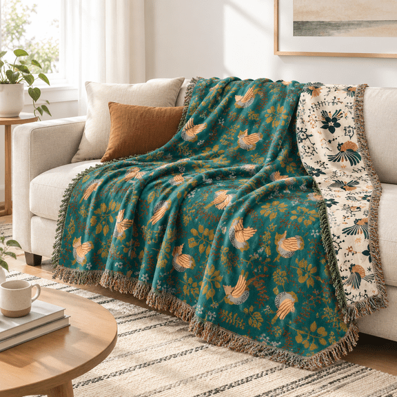 Animal Spring Bird 80"x90" Pure Cotton Boho Throw Blanket for Home Decor