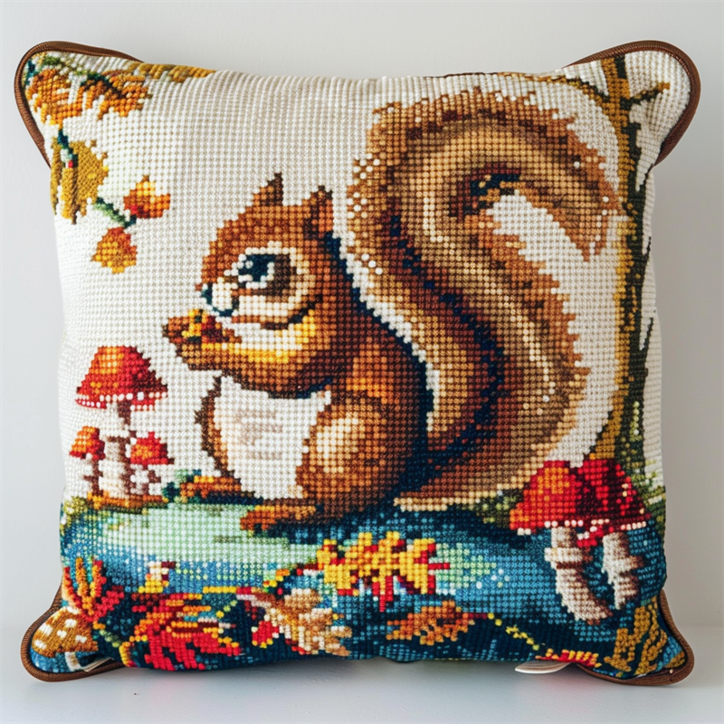 Animal Squirrel Cross Stitch Kits pre Stamped Pillowcase , 45X45CM , Cross Stitch Kits for Beginner (11 Count)