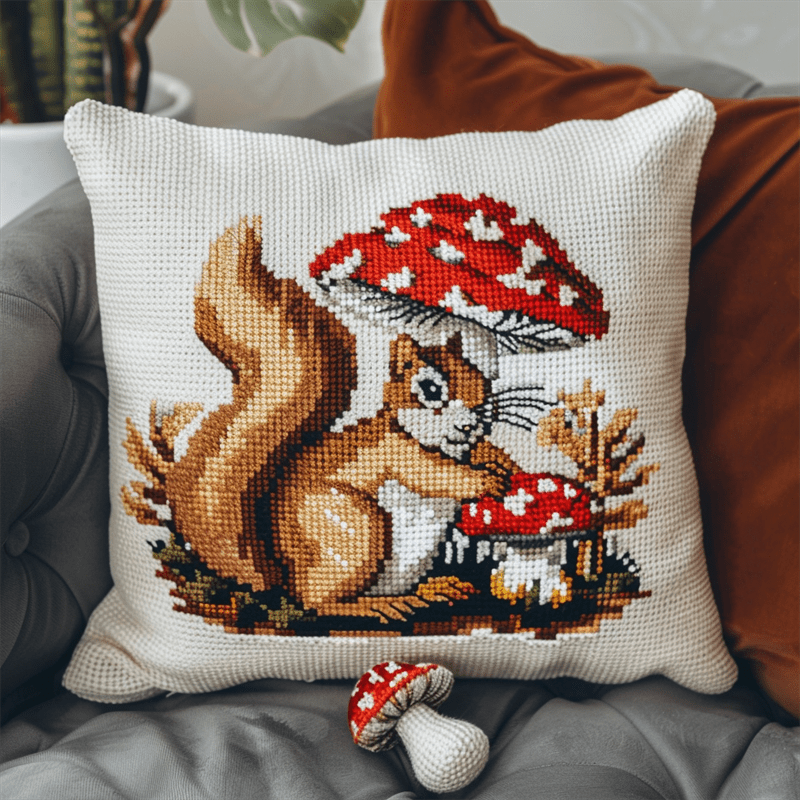 Animal Squirrel Cross Stitch Pillow Kit , 45X45cm , DIY Handmade Embroidered for Home Decor (11ct)