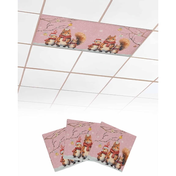 Animal Squirrels,Fluorescent Light Covers for Ceiling Lights 4x2 feet,3 Pack Magnetic Light Filters for Classroom,Christmas Blush Pink Snowflake Fluorescent Light Shade Panel for Office School Drop