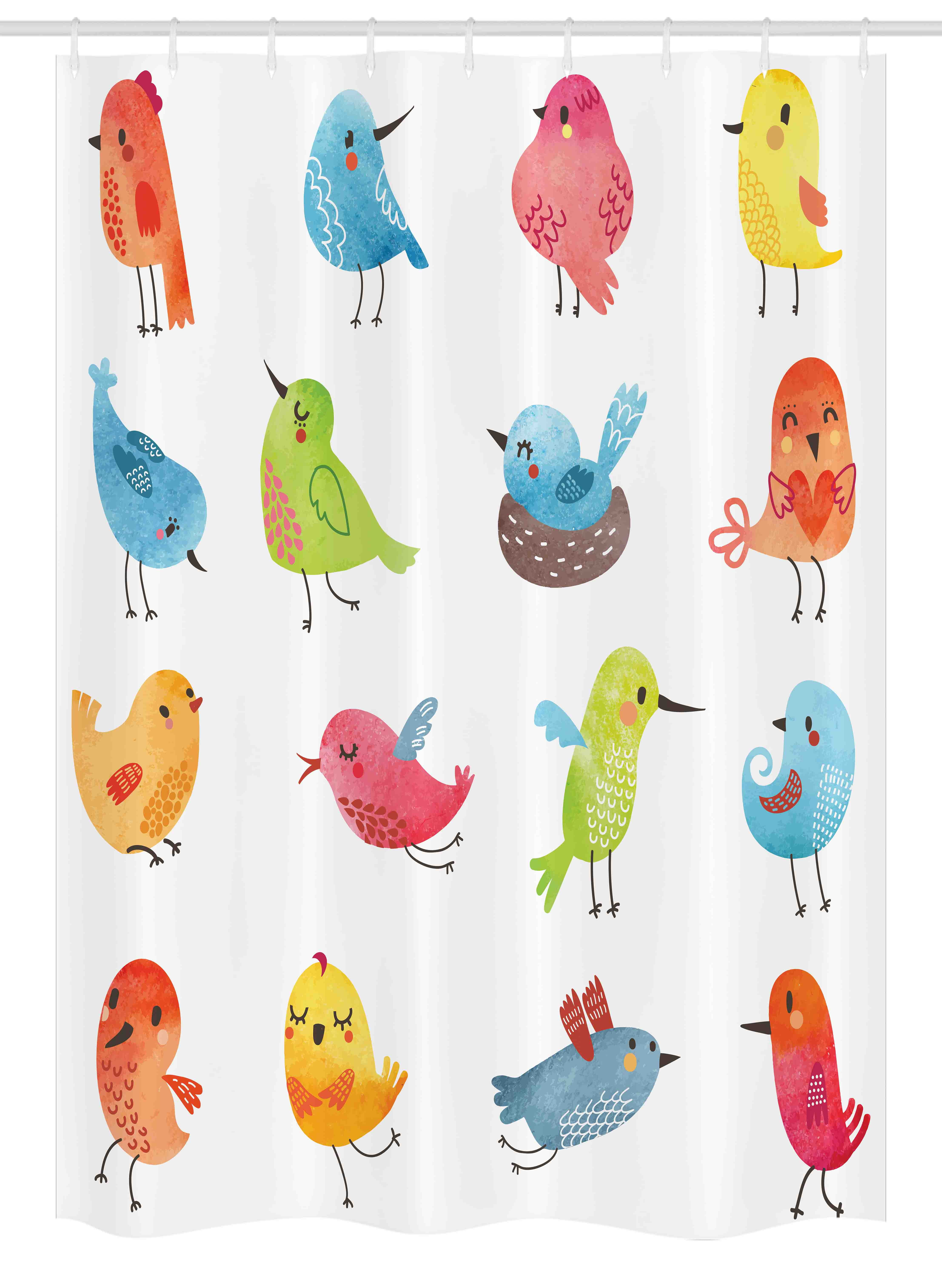 Animal Stall Shower Curtain, Colorful Cute Birds Watercolor Effect Humor Funny Mascots Paint Brush Art Kids Design, Fabric Bathroom Set with Hooks, 54W X 78L Inches, Multi, by Ambesonne