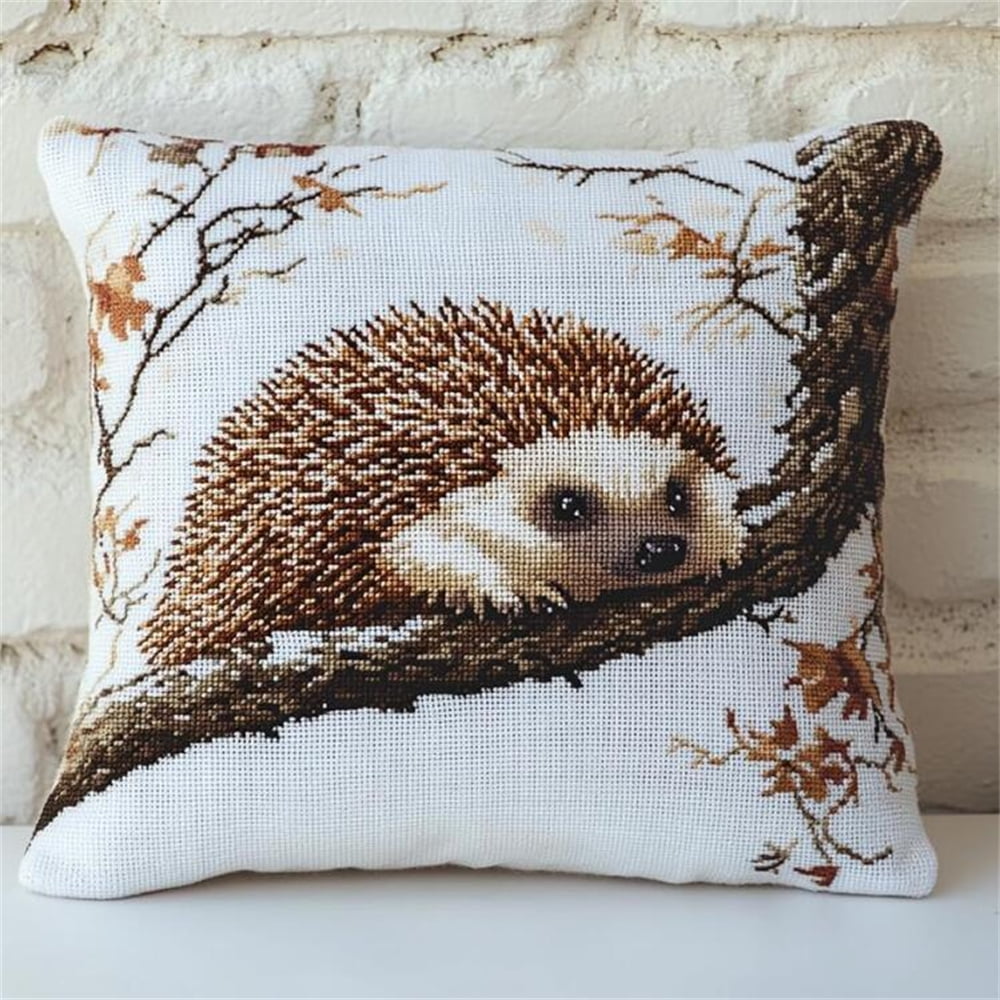 Animal Stamped Cross-Stitch Pillow Kit,Hedgehog on a Branch,Cushion Needlework Kit with Embroidery Pattern on Cotton Canvas Holiday