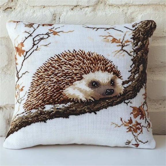 Animal Stamped Cross-Stitch Pillow Kit,Hedgehog on a Branch,Cushion Needlework Kit with Embroidery Pattern on Cotton Canvas Holiday