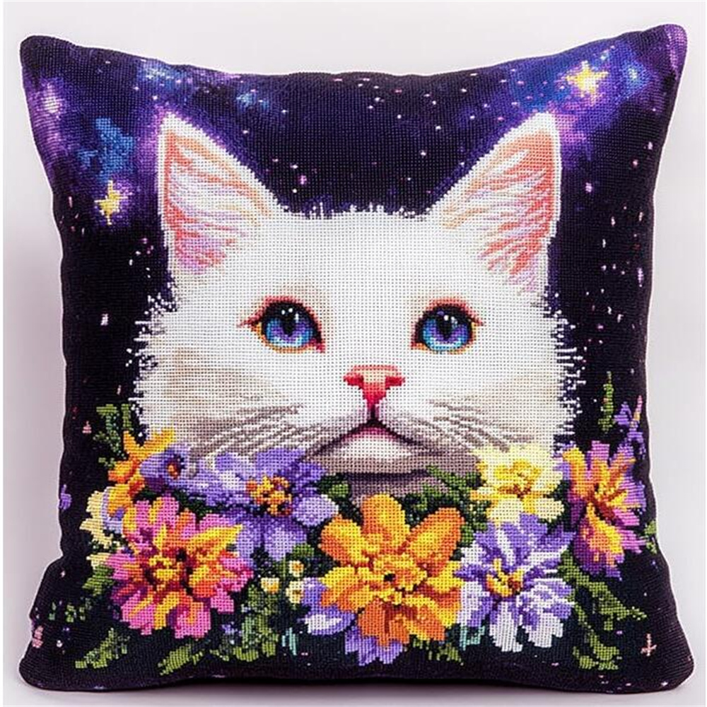 Animal Stamped Cross Stitch Pillow Kits,Cute cat and Flowers 11CT Cross Stitch Cushion Cover Embroidery Kit Needlepoint Handmade Cushion for Home Decor 17x17in