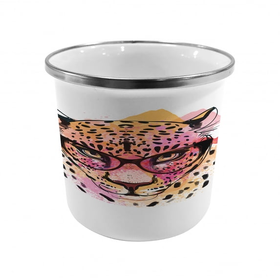 Animal Steel Camping Mug, Watercolor Style Portrait of Leopard Glasses Splashing Paint Artwork, Printed Thermal Cup for Camping and Outdoor Activities, by Ambesonne