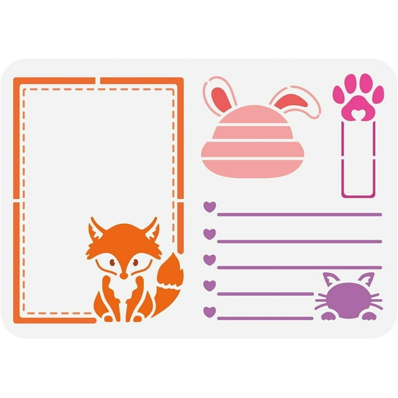 Animal Sticky Note Stencil for Painting 8.3x11.7inch Reusable Cut Fox Cat Rabbit Template Hollowed Animal Paw Print Sticky Note Frame Stencil Daily Theme Stencil for Home Decoration White