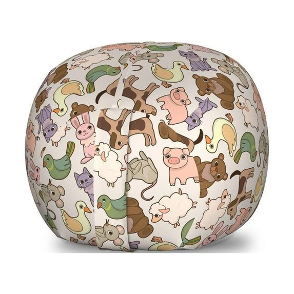 Animal Storage Toy Bag Chair, Cartoon Drawing Style Animals Pigeons Sheep Pig Farmland Inhabitants, Stuffed Animal Organizer Washable Bag, Large Size, Multicolor, by Ambesonne