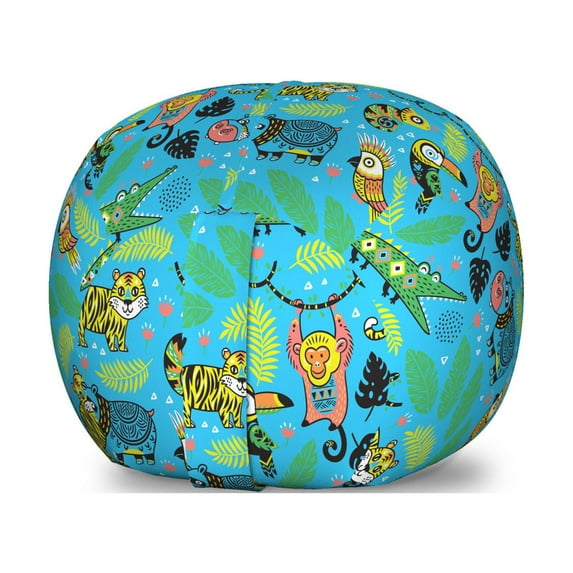 Animal Storage Toy Bag Chair, Colorful Pattern of Various Jungle Animals in a Tropic Setting, Stuffed Animal Organizer Washable Bag, Small Size, Deep Sky Blue Multicolor, by Ambesonne