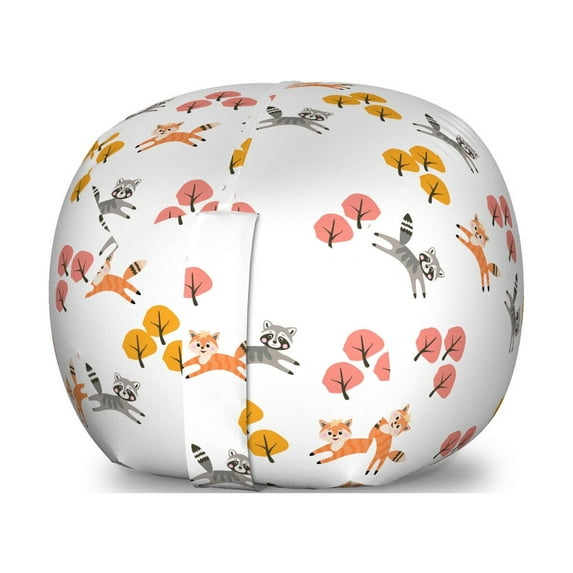 Animal Storage Toy Bag Chair, Little Raccoons and Foxes Jumping in Abstract Autumn Forest Trees, Stuffed Animal Organizer Washable Bag, Small Size, Multicolor, by Ambesonne