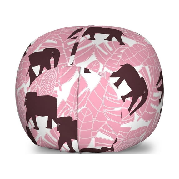 Animal Storage Toy Bag Chair, Rhythmic Tropical Pink Colored Palm Leaves and African Animals Print, Stuffed Animal Organizer Washable Bag, Small Size, Pastel Pink Dark Fuchsia, by Ambesonne